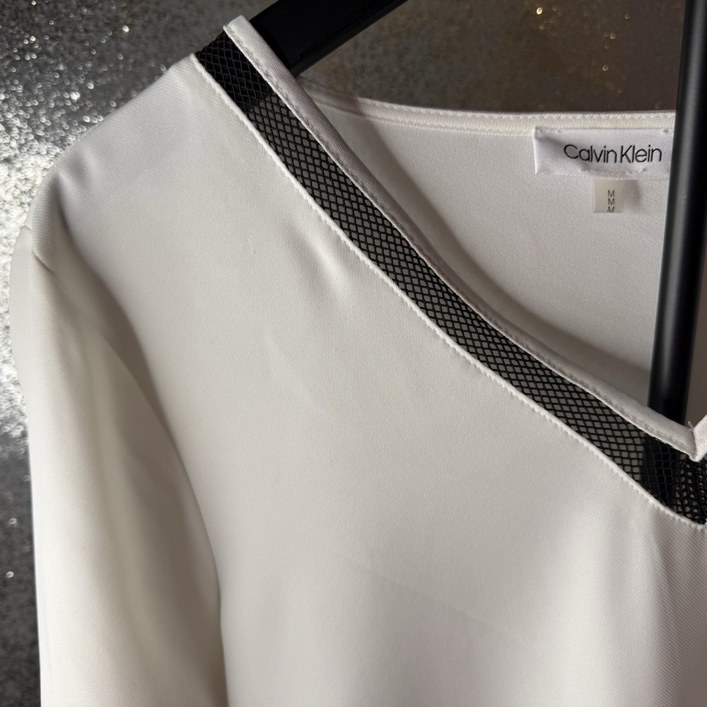 Calvin Klein Size Medium V-Neck Blouse Mesh Trim Gold Buttons Business Casual - Picture 3 of 8